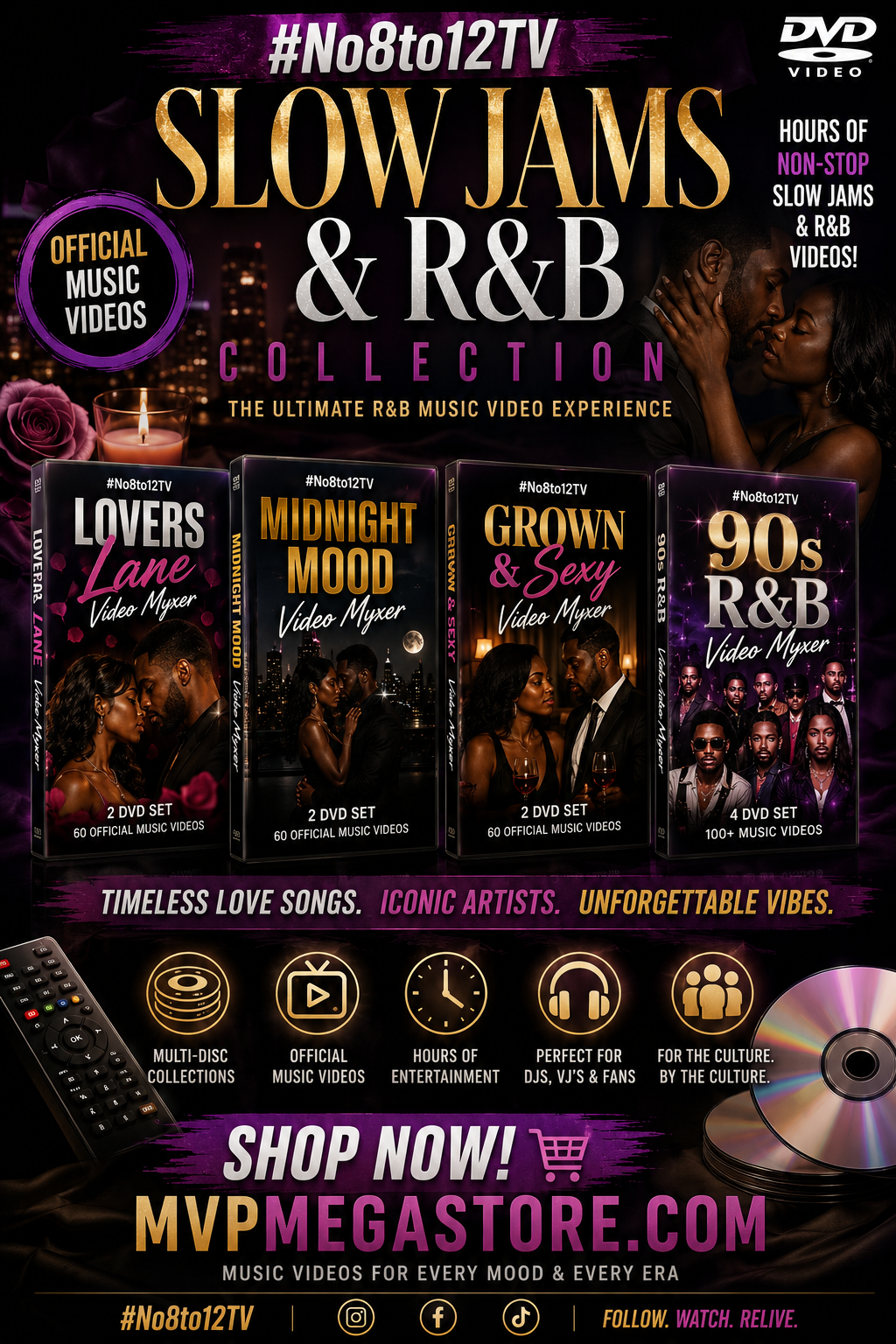 R&B Slow Jams collection banner featuring #No8to12TV classic R&B music video DVDs with timeless love songs and official music videos.