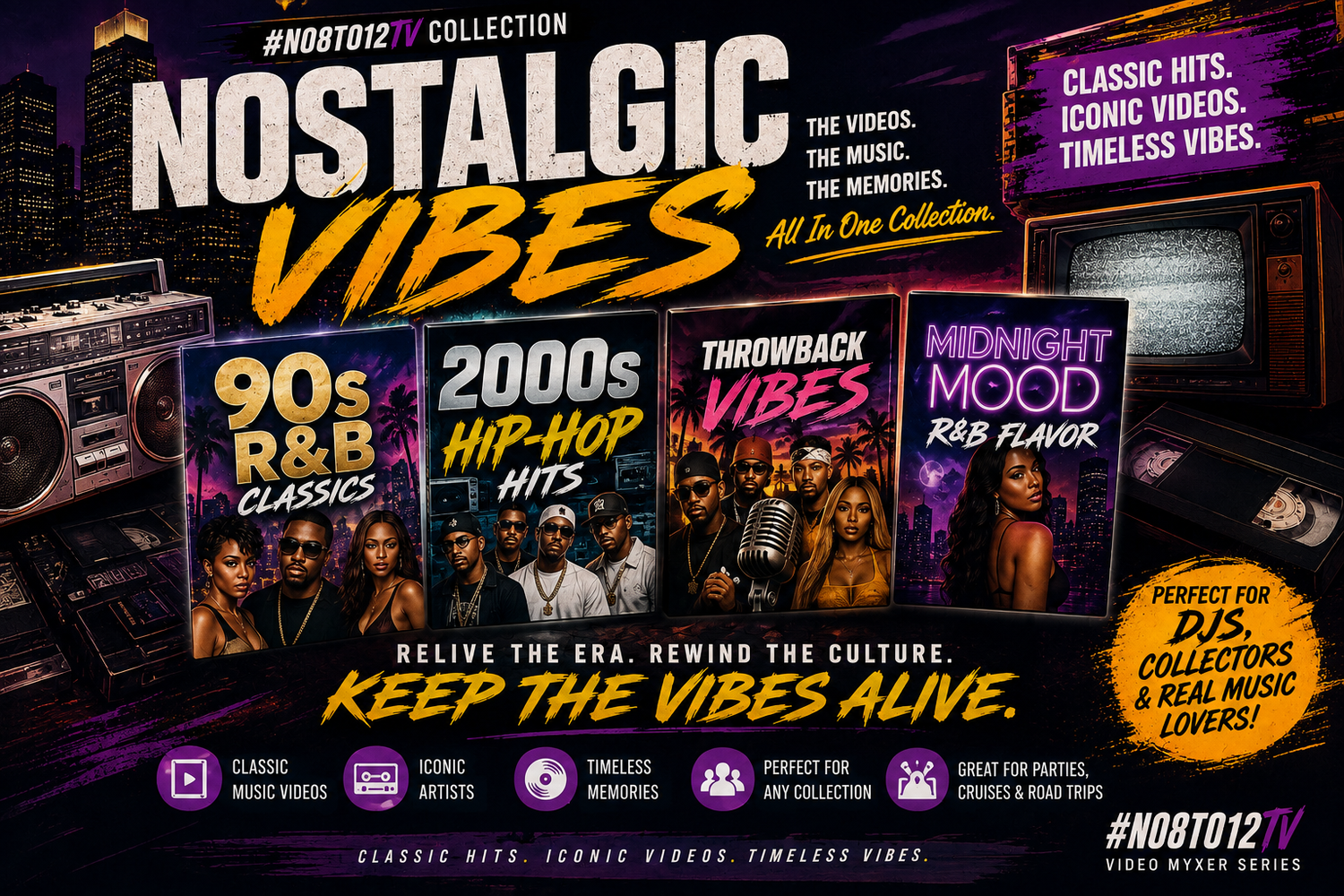 Nostalgic Vibes collection banner featuring #No8to12TV classic music video DVDs with ’80s, ’90s, and 2000s hits.