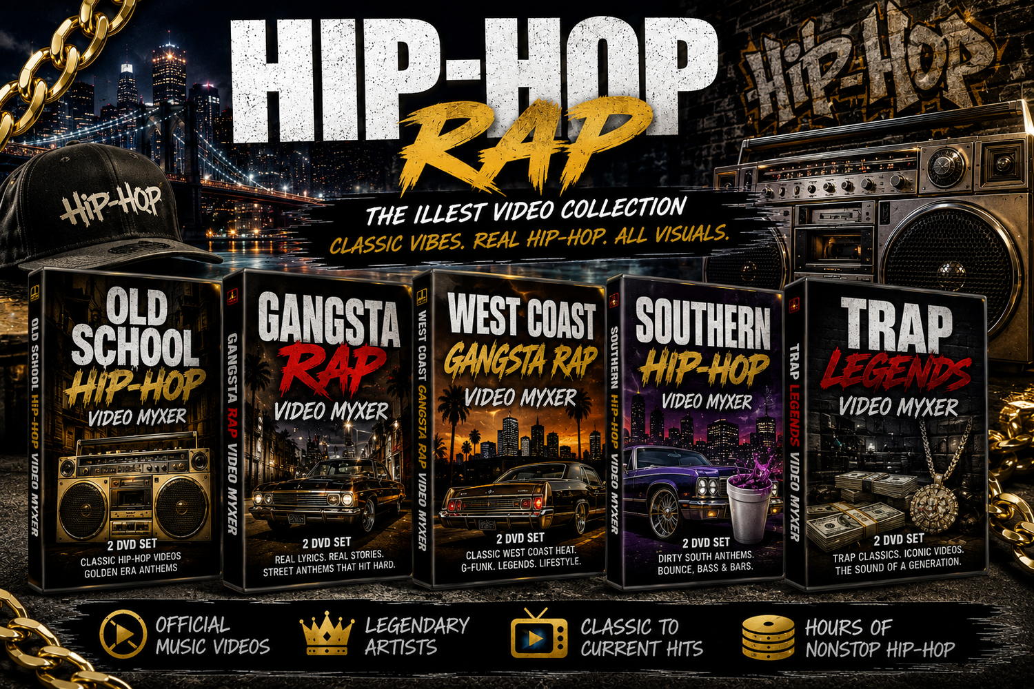 Hip-Hop & Rap collection banner featuring #No8to12TV Hip-Hop & Rap DVDs with classic, gangsta, West Coast, Southern hip-hop, and trap official music videos in HD quality.