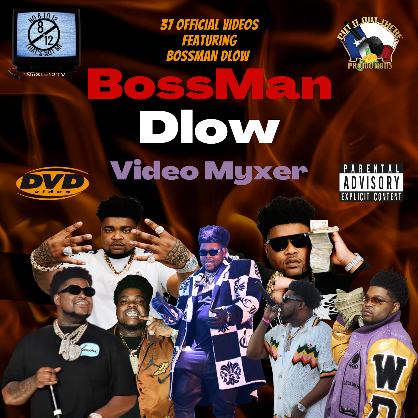 Promotional cover art for 'BossMan Dlow Video Myxer' featuring multiple photos of rapper in streetwear with a DVD logo, a No8to12TV logo, and a parental advisory label on a dark smoky background.