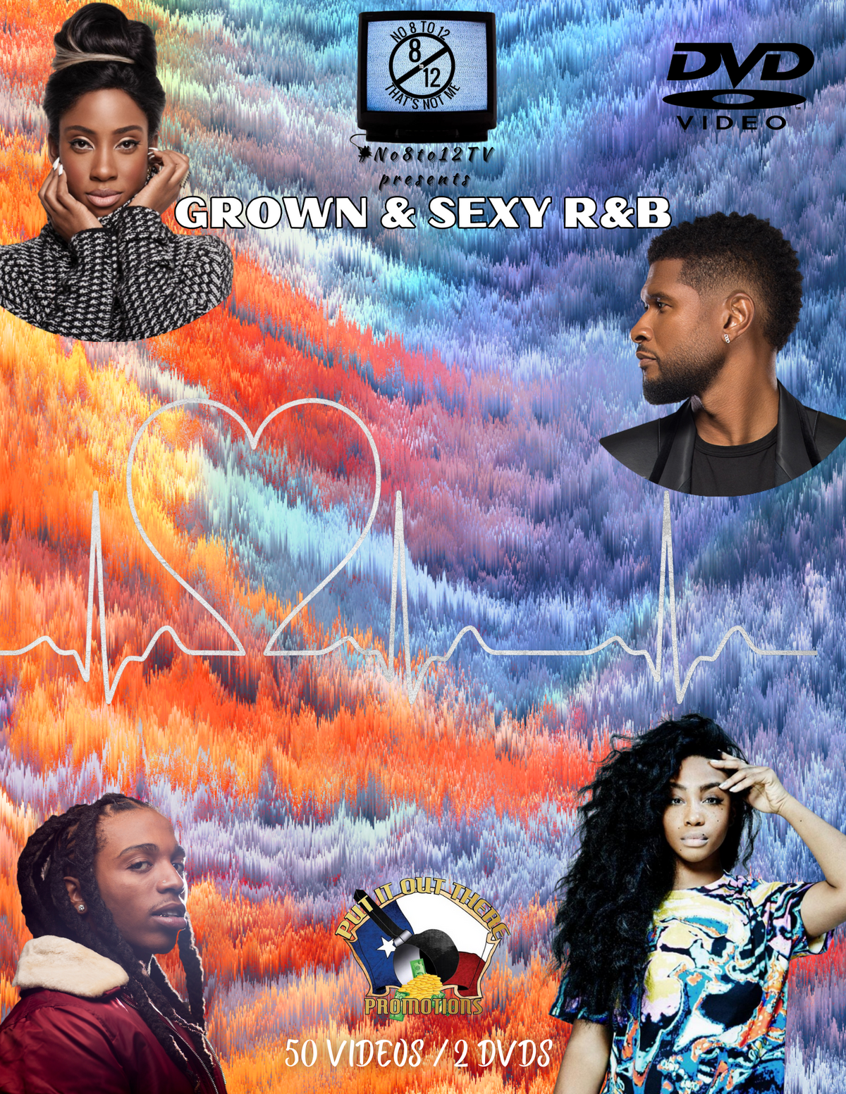 Promotional cover art for a digital video collection titled 'GROWN & SEXY R&B' featuring portraits of four individuals over a colorful abstract background with a heart monitor line and EKG graphic. Visible text includes 'GROWN & SEXY R&B', 'DVD VIDEO', and '50 VIDEOS / 2 DVDs'.