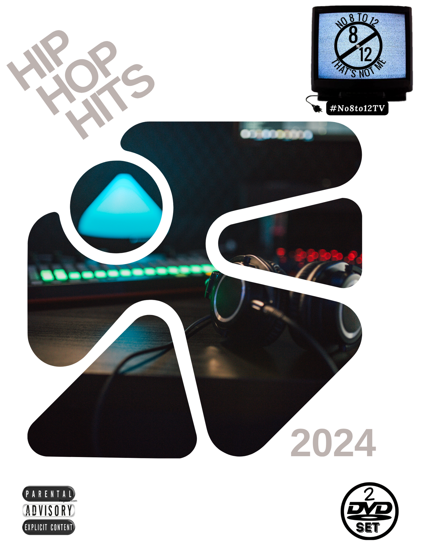 Hip Hop Hits 2024 DVD set cover featuring a collage of DJ equipment, headphones, and a glowing blue triangle, with a parental advisory label and a 2 DVD set icon on a white background.