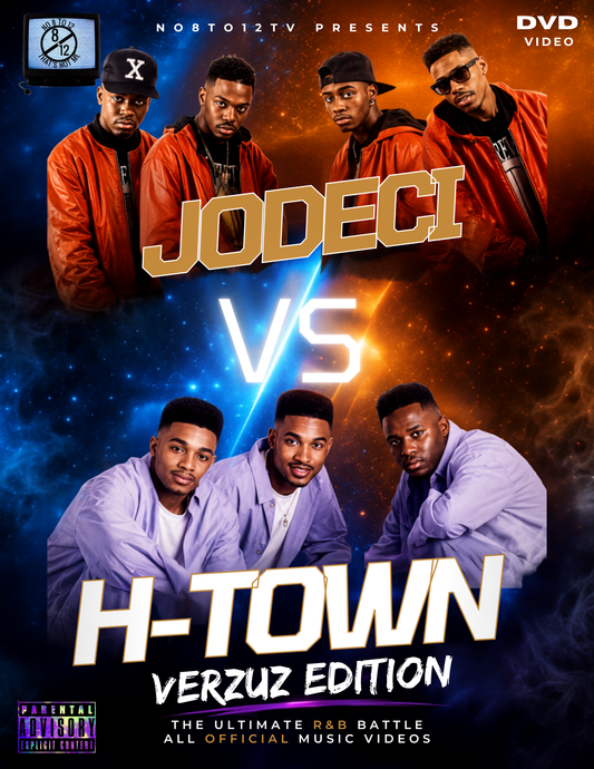 Promotional cover art for a DVD video titled '#No8to12TV "JODECI VS H-TOWN', featuring two groups of men in orange and light purple outfits against a cosmic blue and orange background. Text includes '#No8to12TV PRESENTS', 'DVD VIDEO', and 'Parental Advisory'.