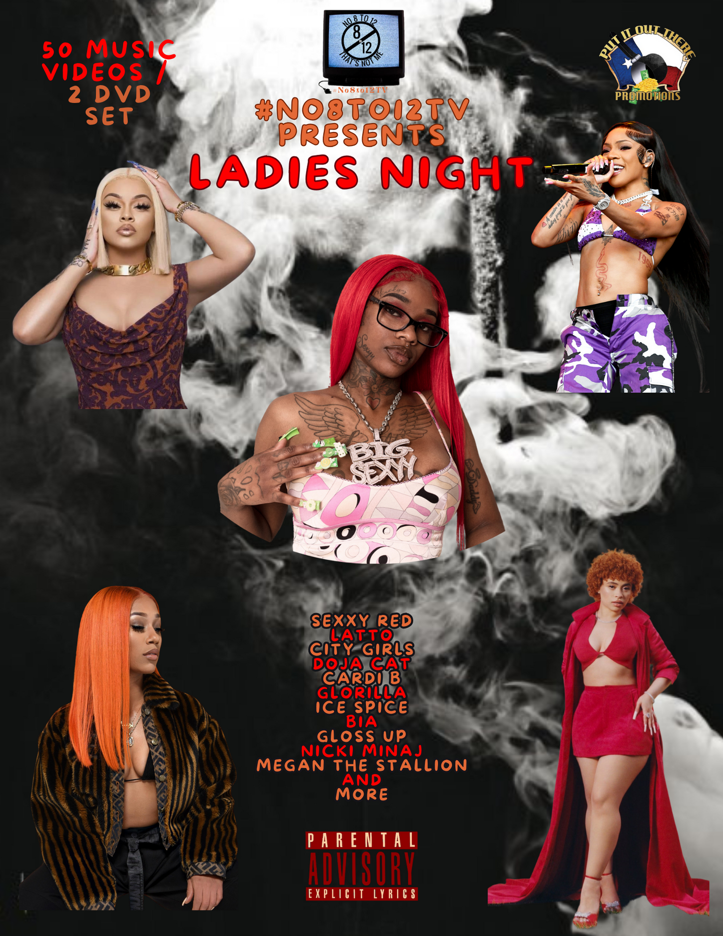 Promotional cover art for a music video set titled 'Ladies Night' presented by #No8to12TV. The design features a black and white smoky background with six stylized portraits of female artists in colorful outfits, with track names and a Parental Advisory label at the bottom.