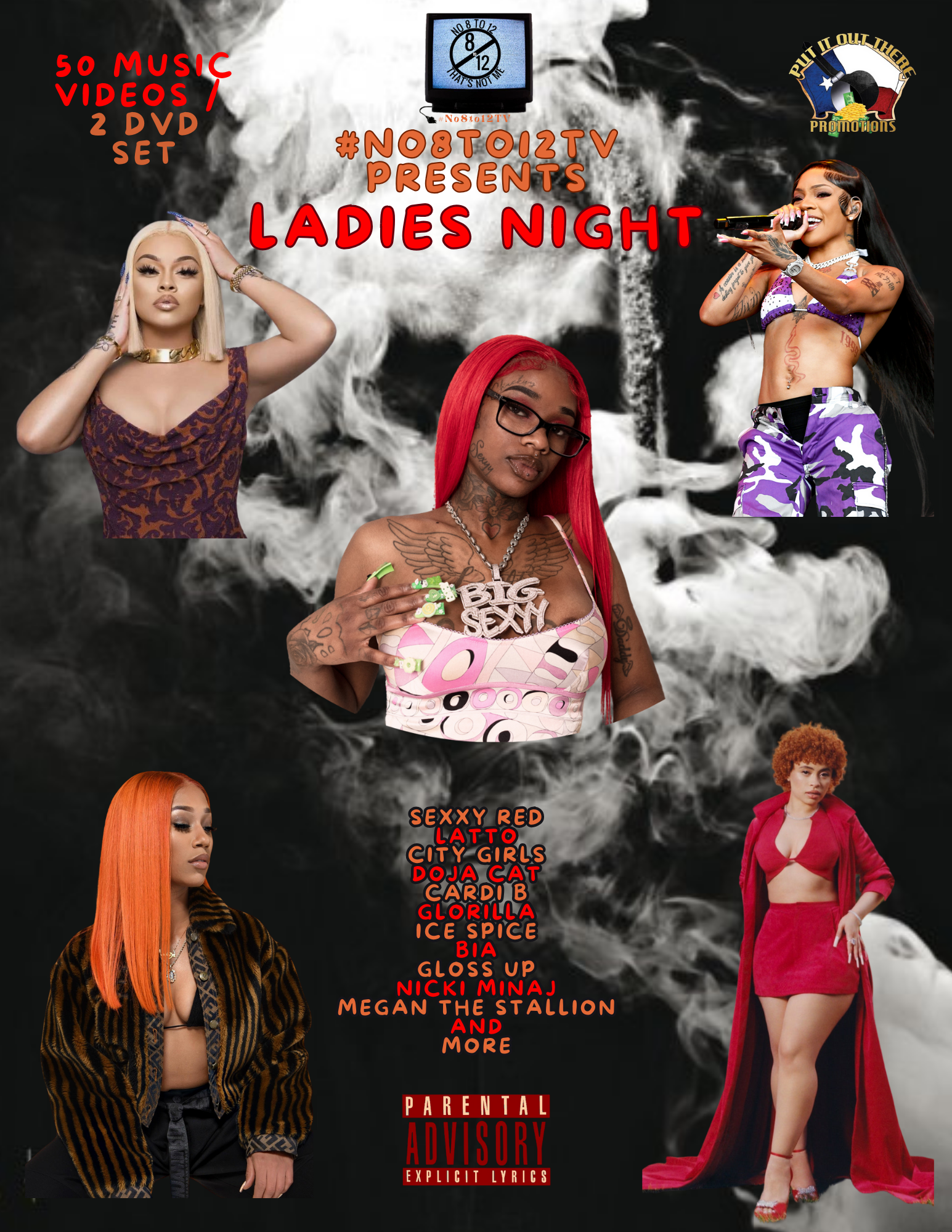Promotional cover art for a music video set titled 'Ladies Night' presented by #No8to12TV. The design features a black and white smoky background with six stylized portraits of female artists in colorful outfits, with track names and a Parental Advisory label at the bottom.