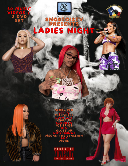 Promotional cover art for a music video set titled 'Ladies Night' presented by #No8to12TV. The design features a black and white smoky background with six stylized portraits of female artists in colorful outfits, with track names and a Parental Advisory label at the bottom.