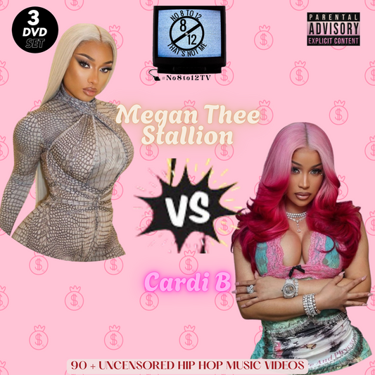 Promotional poster for a DVD set featuring Megan Thee Stallion and Cardi B, with a pink background and 'Parental Advisory' label.