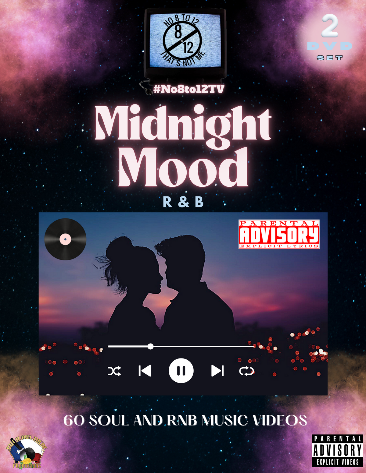 Digital cover art for a music video collection titled 'Midnight Mood R&B' with a No8to12TV logo, a music player interface showing silhouetted couple against a sunset, and text reading '60 Soul and R&B Music Videos' on a purple starry space background.