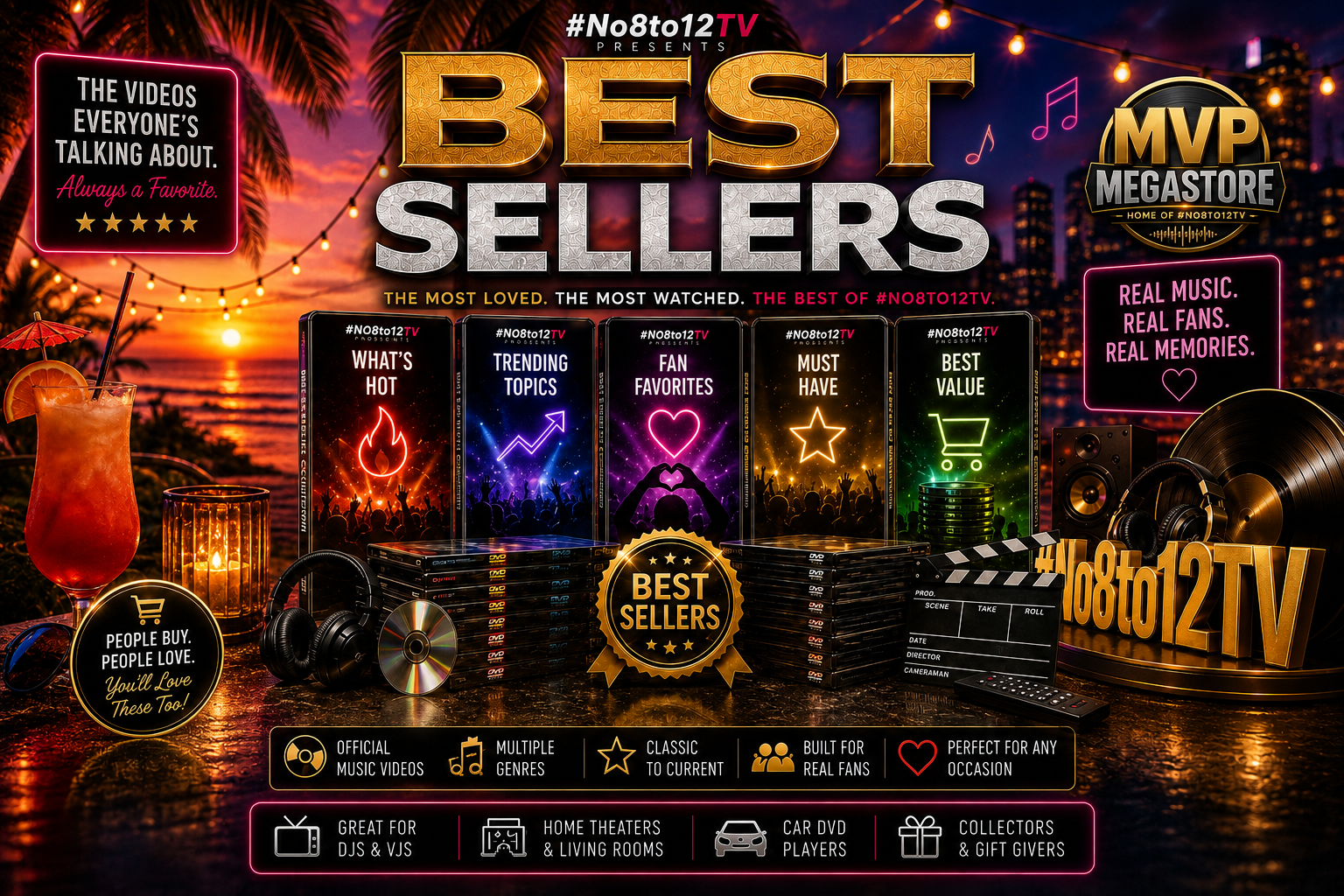 Promotional graphic for an 'No8to12TV' Best Sellers collection, featuring a warm sunset city skyline background with string lights. In the foreground, a row of glowing music video thumbnails represents popular genres like 'What's Hot', 'Treating Topics', and 'Must Have'.