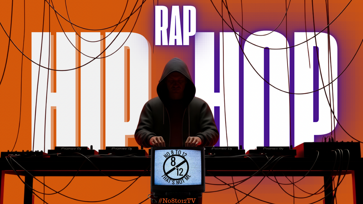 #No8to12TV hip-hop DJ at mixing station with bold “HIP HOP” text and smaller “Rap” text. 