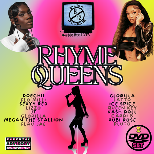 Promotional image for #No8to12TV 'Rhyme Queens' with silhouettes and text on a colorful background.