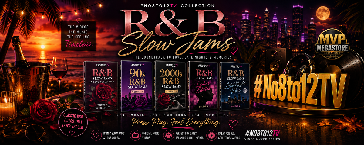 Promotional graphic for the 'R&B Slow Jams' collection by #No8to12TV, featuring four album covers, a vinyl record, a bottle of wine, and a champagne glass against a warm sunset city skyline background.