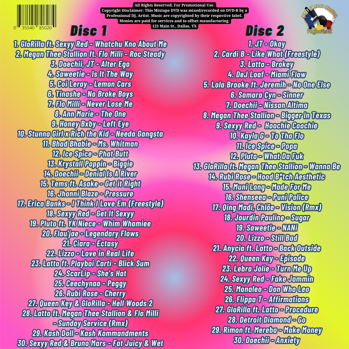 Promotional cover with a colorful background featuring a list of hip-hop songs and artists, indicating it contains 60 official music videos on 2 discs.