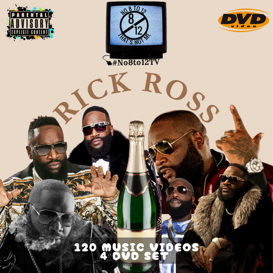 Promotional image for Rick Ross' DVD set with champagne bottle and 'No8to12TV' logo.