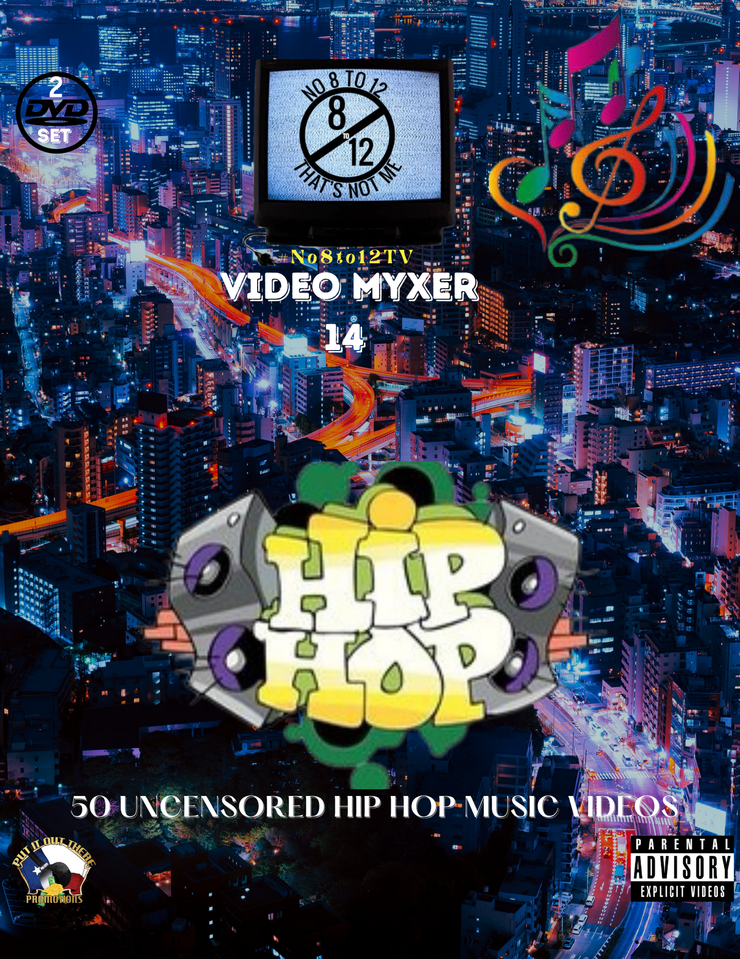 Cover art for a 2-disc DVD titled 'Video Myxer 14' featuring a vibrant hip-hop theme over a nighttime city skyline. The design includes a retro TV graphic, colorful musical notes and treble clefs, a large 'HIP HOP' logo with speaker graphics, and a Parental Advisory label.