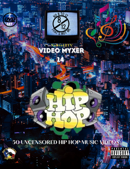 Cover art for a 2-disc DVD titled 'Video Myxer 14' featuring a vibrant hip-hop theme over a nighttime city skyline. The design includes a retro TV graphic, colorful musical notes and treble clefs, a large 'HIP HOP' logo with speaker graphics, and a Parental Advisory label.