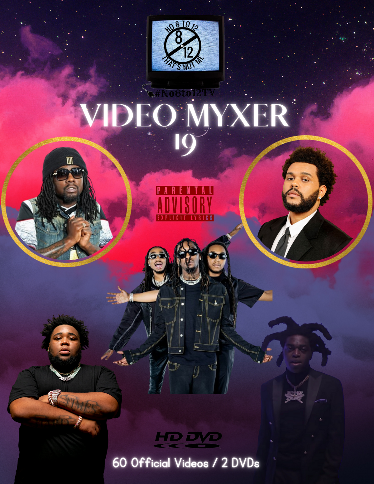 Promotional cover art for a music compilation titled 'VIDEO MYXER 19' featuring multiple portraits of rap artists against a purple and pink starry cloud background, with '60 Official Videos / 2 DVDs' text and an HD DVD logo.