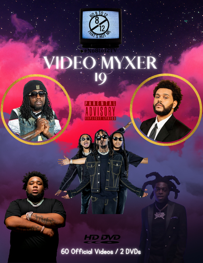 Promotional cover art for a music compilation titled 'VIDEO MYXER 19' featuring multiple portraits of rap artists against a purple and pink starry cloud background, with '60 Official Videos / 2 DVDs' text and an HD DVD logo.