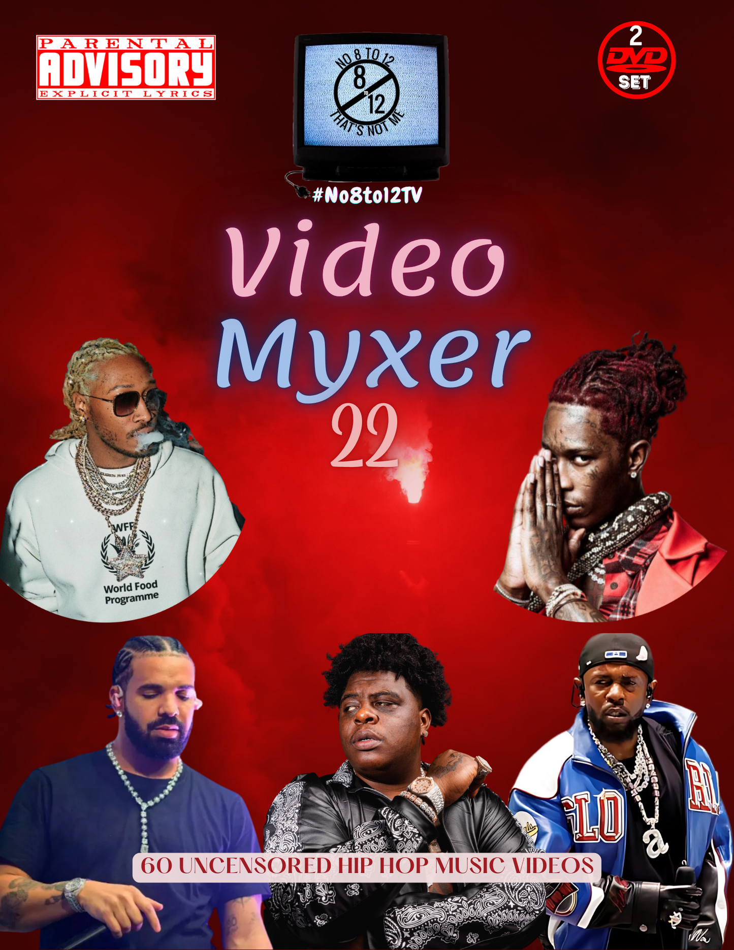 Promotional cover art for a 2 DVD set titled 'Video Myxer 22' featuring five hip-hop artists on a red gradient background, with an 'Advisory' logo in the top left and a '2 DVD SET' badge in the top right.