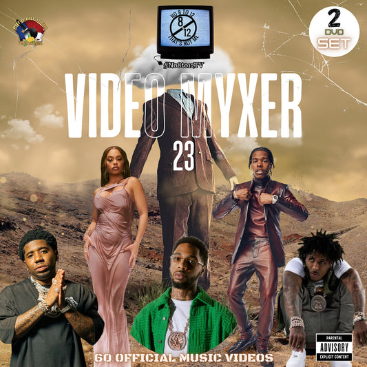 Promotional cover art for a 2 DVD set titled 'Video Myxer 23' featuring multiple rappers in stylish outfits against a desert landscape backdrop with #No8to12TV logo.