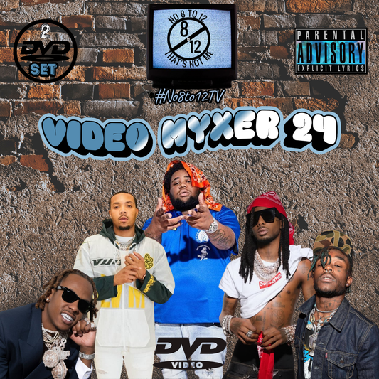 Promotional artwork for DVD release titled 'Video Myxer 24' by #No8to12TV with five individuals in front of a brick wall background.