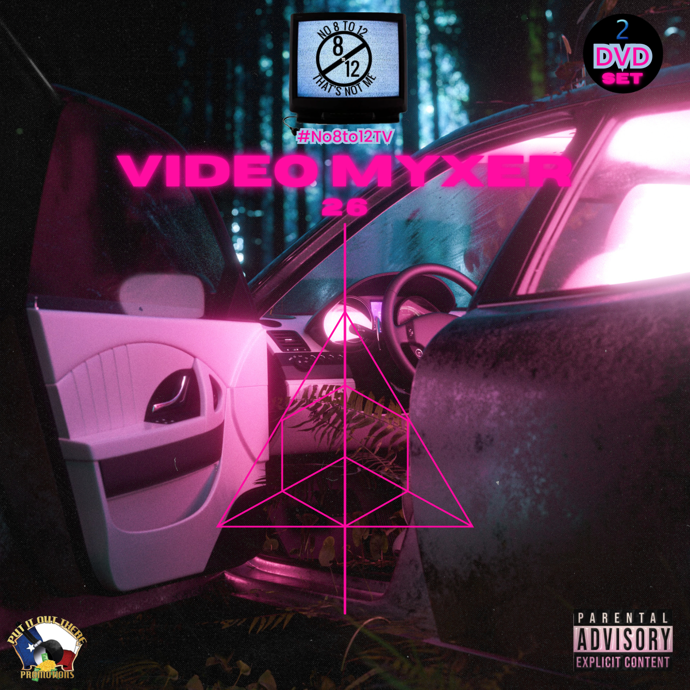 Digital cover art for a DVD release titled 'VIDEO MYXER 26' by #No8to12TV, featuring a dark car in a forest at night with neon pink lighting.