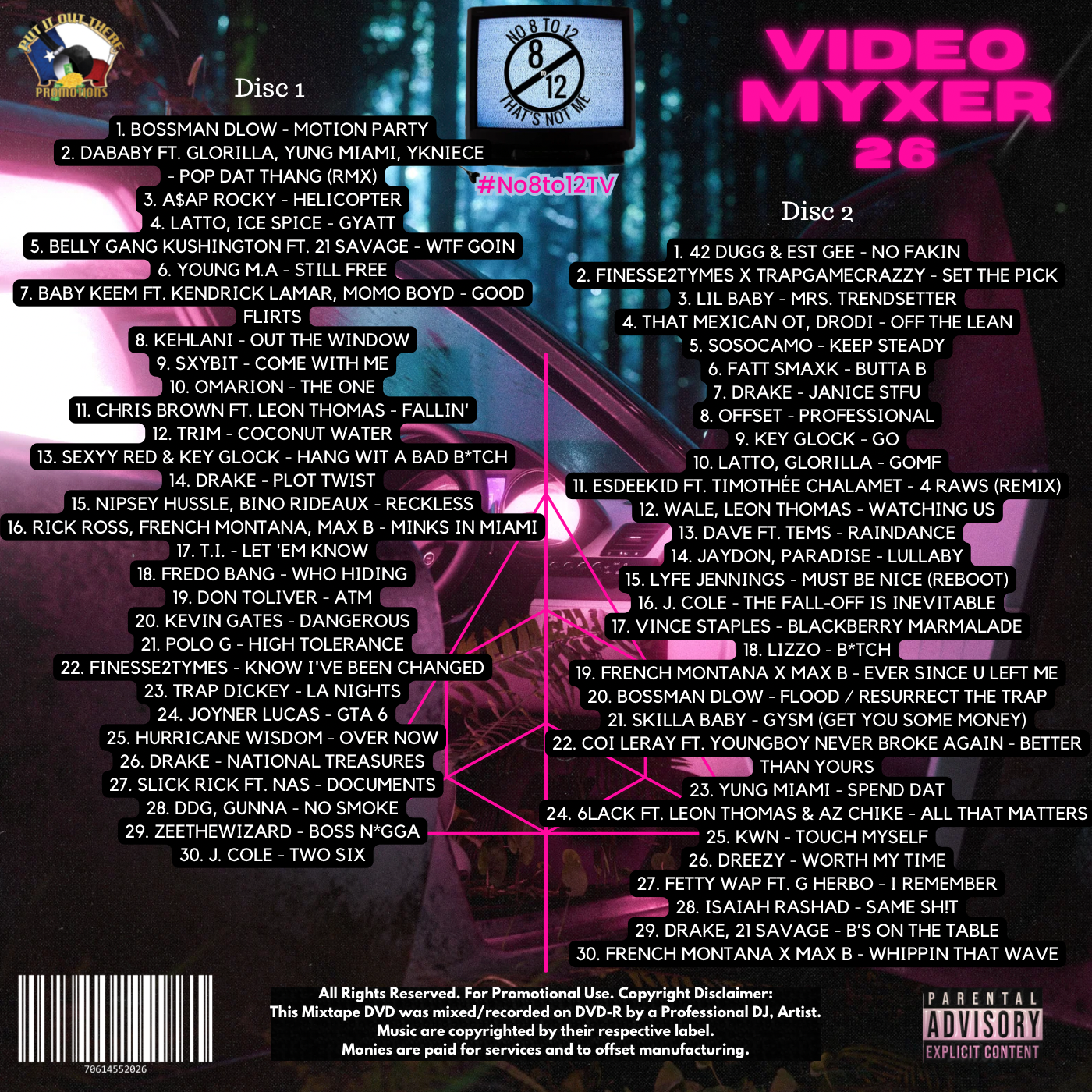 Back cover of a music compilation album titled 'Video Myxer 26', showing track listings for Disc 1 and Disc 2, artist names, track titles, and a barcode with copyright notice.