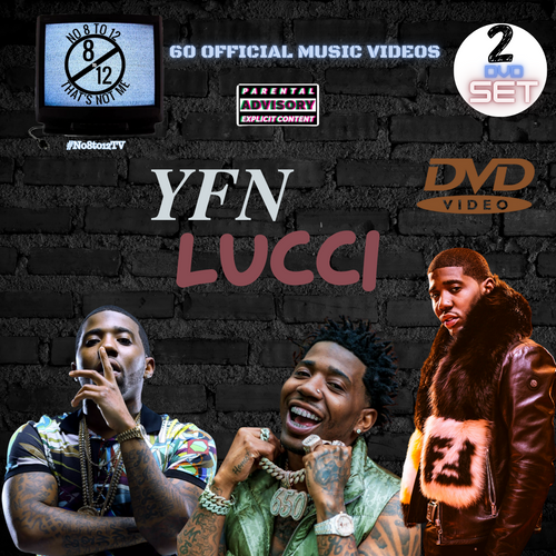 The image features promotional artwork for YFN Lucci's music video DVD set, displaying the artist in various poses alongside the text '#No8to12TV Video Myxer', along with icons indicating the DVD format and the inclusion of 60 official music videos.